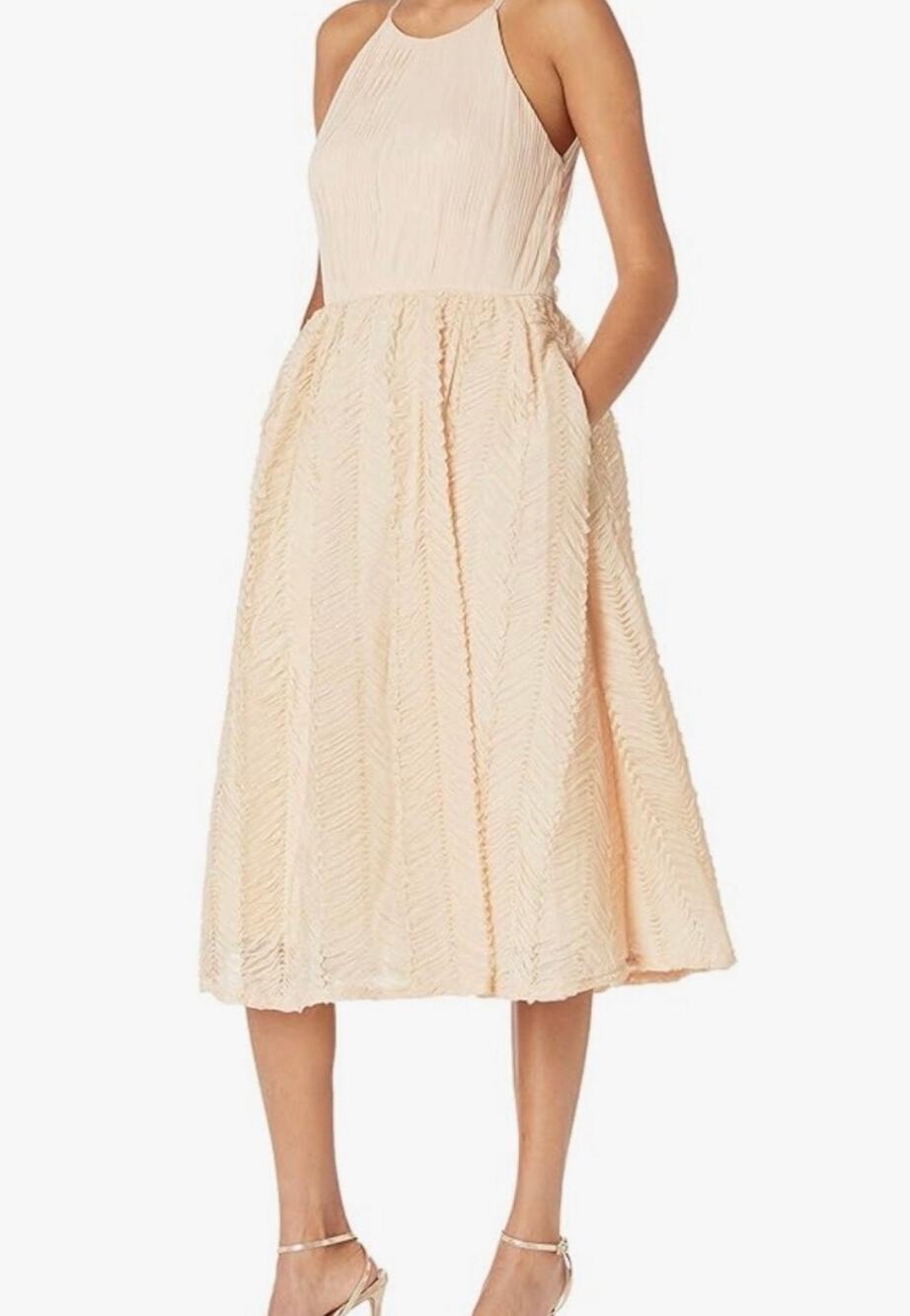 Adrianna Papell Blush Pink Pleated Halter Dress Women's US 10 Formal Bridal